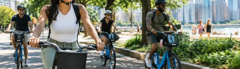 Chicago bike-share heat station shaded by street trees near a protected lane