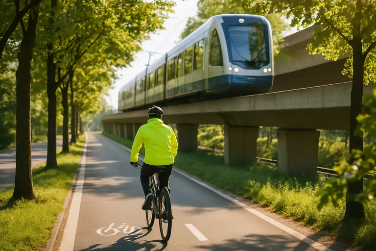 Electric bus moving through a city street with bike lanes nearby