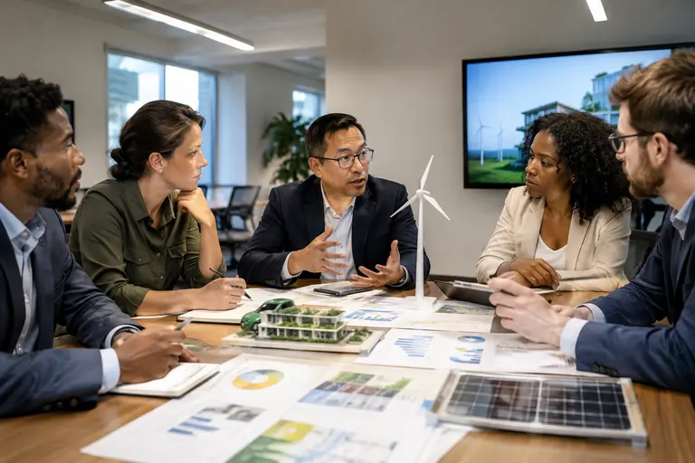 Energy team discussing retrofit plans around a conference table