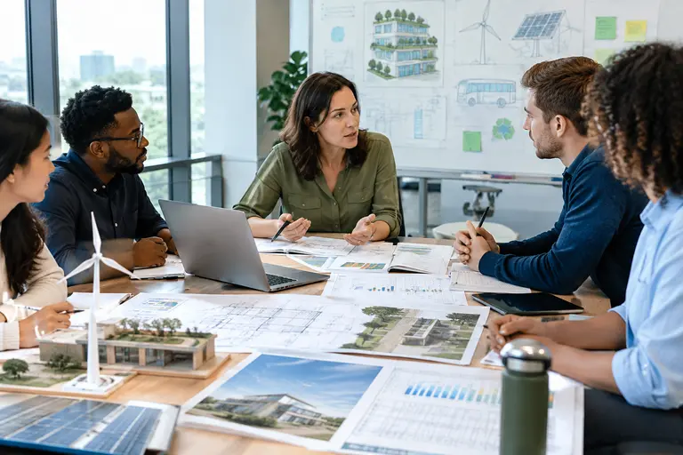 Engineers reviewing plans in a multifamily building mechanical room