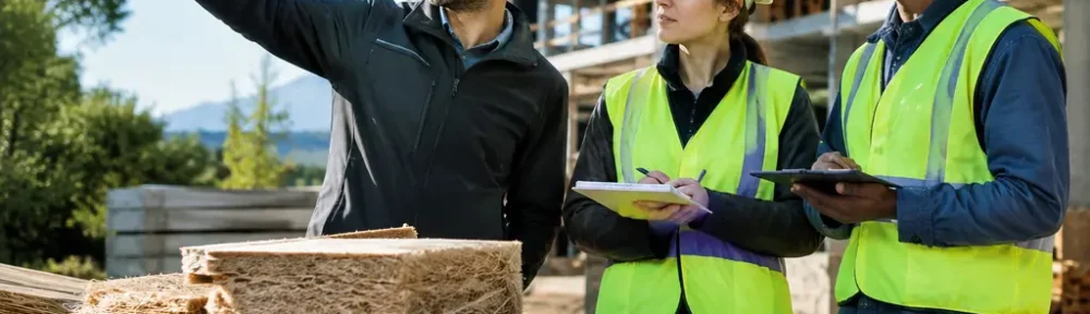 Natural fiber composites panel sample beside plant fibers and construction drawings