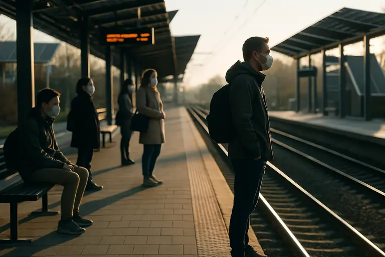 Passengers waiting at a downtown bus stop during weekday service