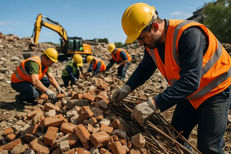 Sorted construction materials prepared for reuse and recycling at a building site