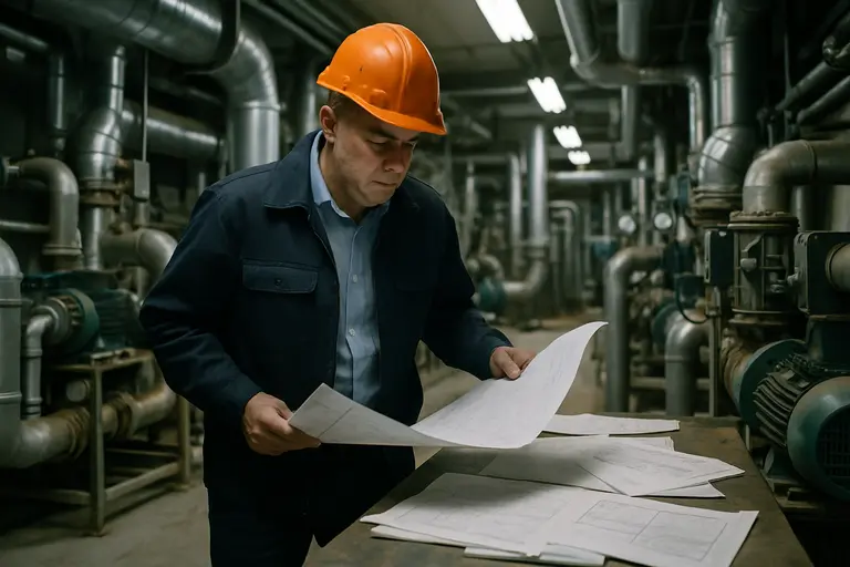 Technician inspecting building automation panels in a mechanical room