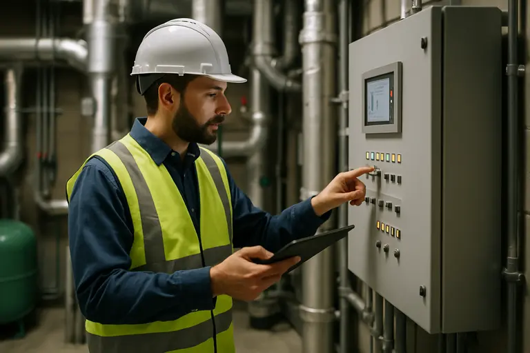 Technician inspecting building controls inside a commercial mechanical room