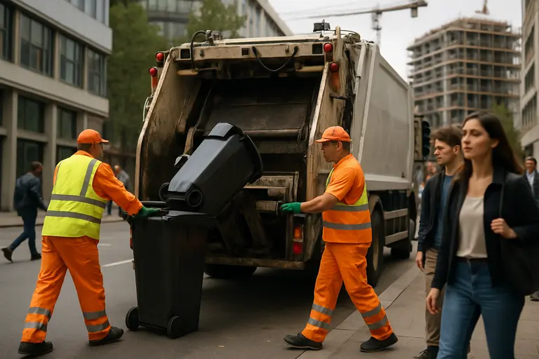 Waste collection truck parked near a commercial loading dock on a city street