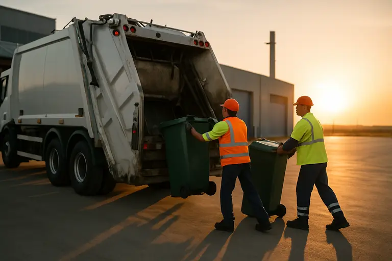 Waste collection trucks lined up for fueling at a municipal yard